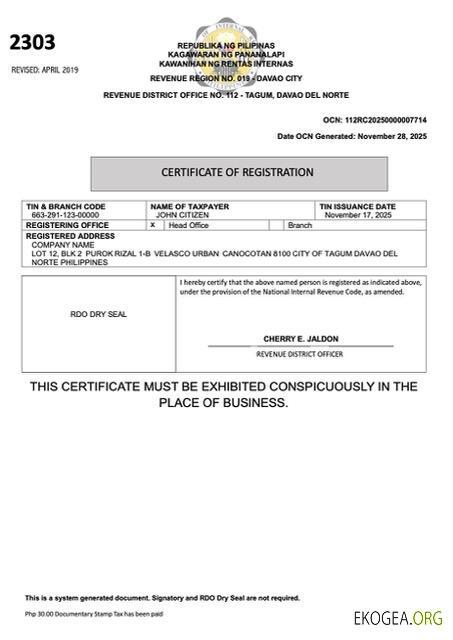 Modèle Word et PDF de certificat d'enregistrement des Philippines, version 4